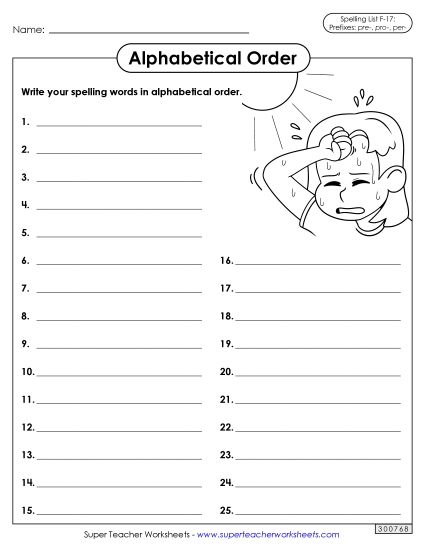 Alphabetical Order - Alphabetical Order: Whole List (F-17) (Printable PDF Worksheet)