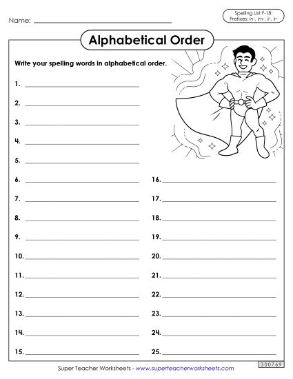 Alphabetical Order - Alphabetical Order: Whole List (F-18) (Printable PDF Worksheet)
