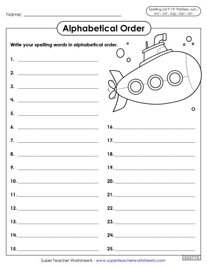Alphabetical Order - Alphabetical Order: Whole List (F-19) (Printable PDF Worksheet)