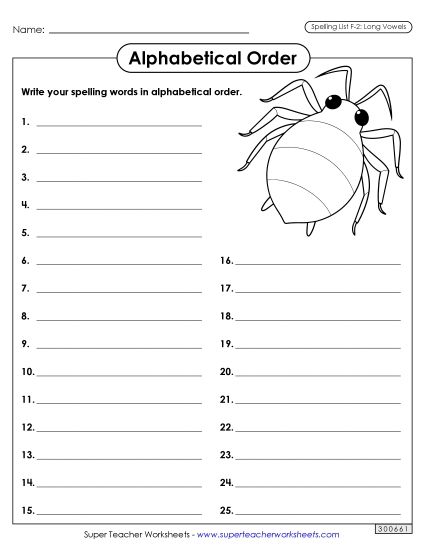 Alphabetical Order - Alphabetical Order: Whole List (F-2)  (Printable PDF Worksheet)