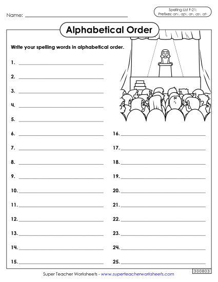 Alphabetical Order - Alphabetical Order: Whole List (F-21) (Printable PDF Worksheet)