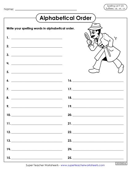 Alphabetical Order - Alphabetical Order: Whole List (F-23)  (Printable PDF Worksheet)