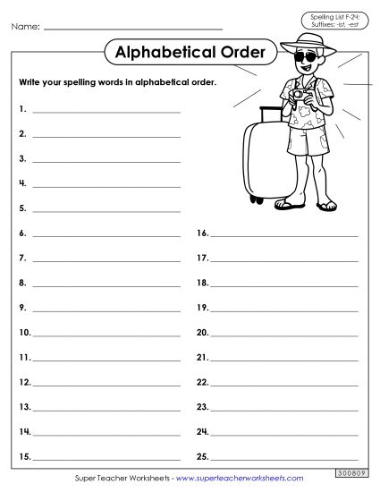 Alphabetical Order - Alphabetical Order: Whole List (F-24)  (Printable PDF Worksheet)