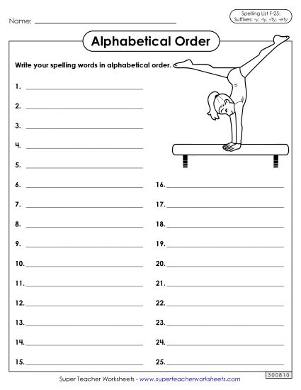 Alphabetical Order - Alphabetical Order: Whole List (F-25)  (Printable PDF Worksheet)