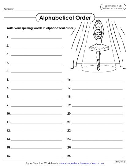 Alphabetical Order - Alphabetical Order: Whole List (F-26) (Printable PDF Worksheet)