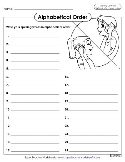 Alphabetical Order - Alphabetical Order: Whole List (F-27)  (Printable PDF Worksheet)