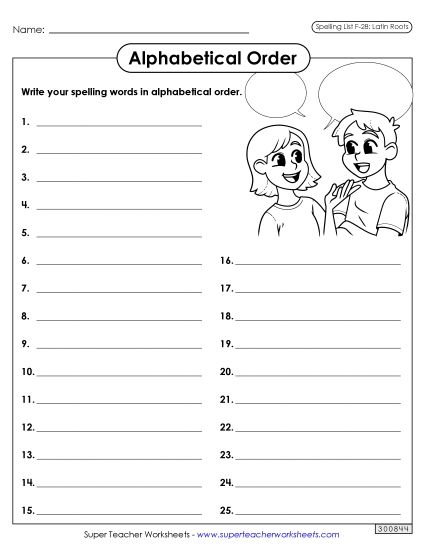 Alphabetical Order - Alphabetical Order: Whole List (F-28) (Printable PDF Worksheet)
