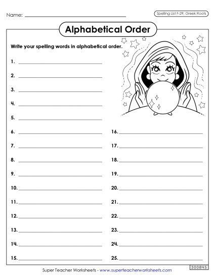 Alphabetical Order - Alphabetical Order: Whole List (F-29) (Printable PDF Worksheet)