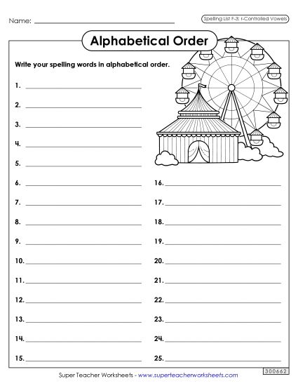 Alphabetical Order - Alphabetical Order: Whole List (F-3)  (Printable PDF Worksheet)