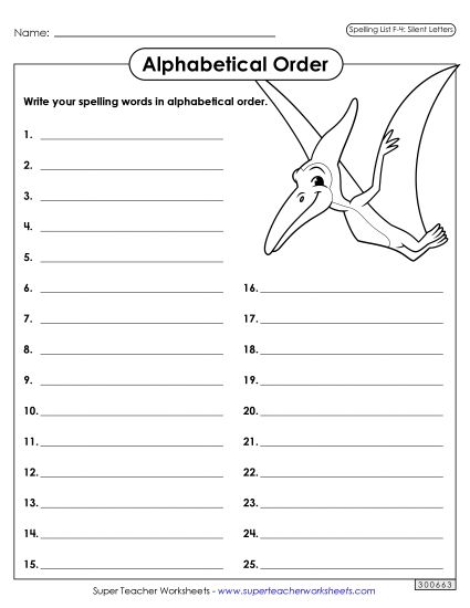 Alphabetical Order - Alphabetical Order: Whole List (F-4) (Printable PDF Worksheet)