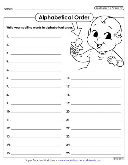 Alphabetical Order - Alphabetical Order: Whole List (F-5)  (Printable PDF Worksheet)