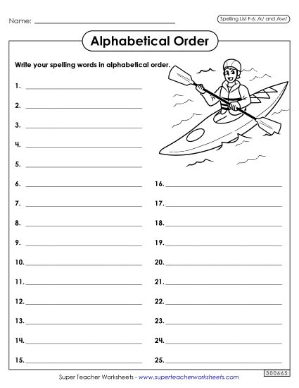 Alphabetical Order - Alphabetical Order: Whole List (F-6) (Printable PDF Worksheet)