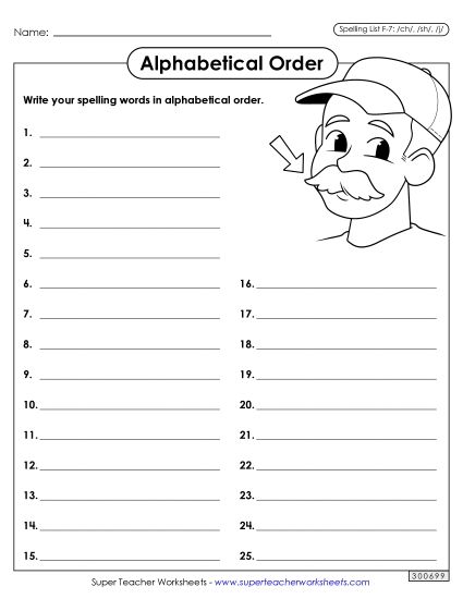 Alphabetical Order - Alphabetical Order: Whole List (F-7)  (Printable PDF Worksheet)