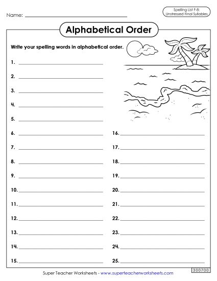 Alphabetical Order - Alphabetical Order: Whole List (F-8) (Printable PDF Worksheet)