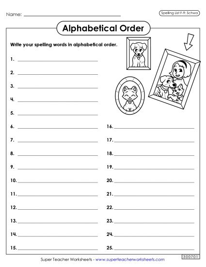 Alphabetical Order - Alphabetical Order: Whole List (F-9) (Printable PDF Worksheet)