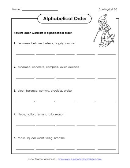 Alphabetical Order - Alphabetical Order Worksheet (E-3) (Printable PDF Worksheet)