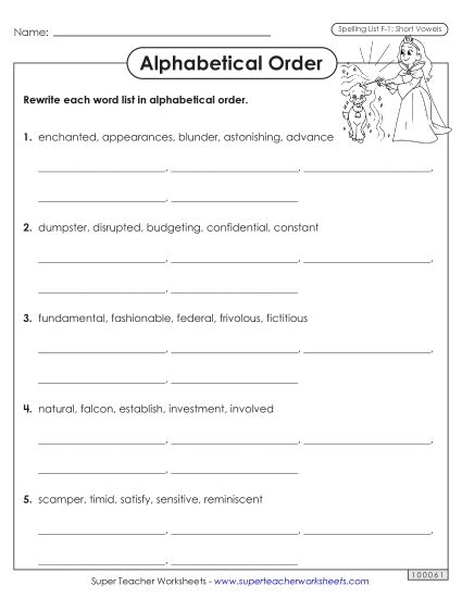 Alphabetical Order - Alphabetical Order Worksheet (F-1)  (Printable PDF Worksheet)