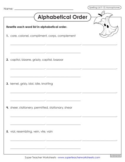 Alphabetical Order - Alphabetical Order Worksheet (F-13) (Printable PDF Worksheet)