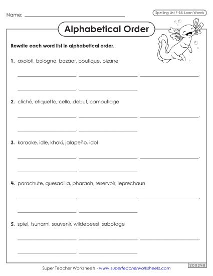 Alphabetical Order - Alphabetical Order Worksheet (F-15) (Printable PDF Worksheet)