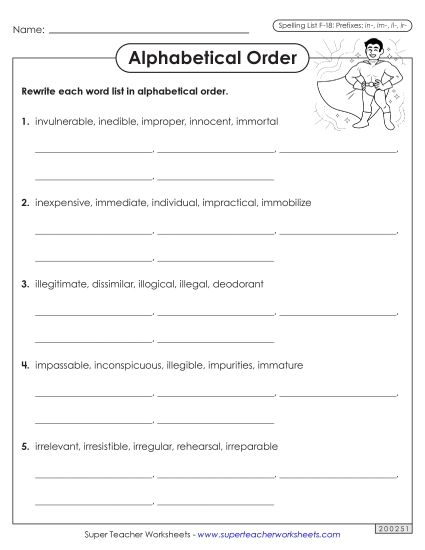 Alphabetical Order - Alphabetical Order Worksheet (F-18) (Printable PDF Worksheet)