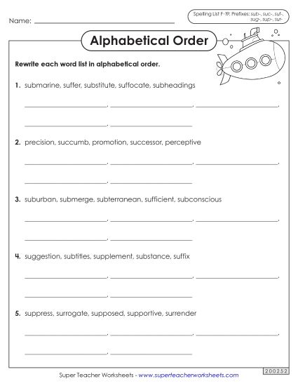 Alphabetical Order - Alphabetical Order Worksheet (F-19) (Printable PDF Worksheet)