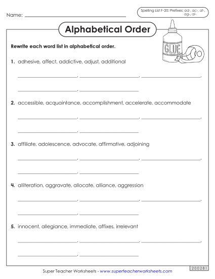 Alphabetical Order - Alphabetical Order Worksheet (F-20) (Printable PDF Worksheet)