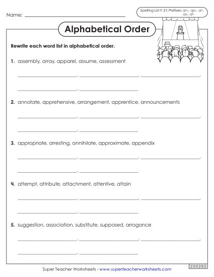 Alphabetical Order - Alphabetical Order Worksheet (F-21) (Printable PDF Worksheet)