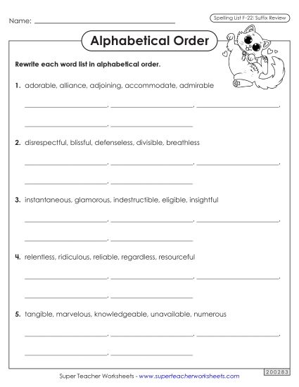 Alphabetical Order - Alphabetical Order Worksheet (F-22) (Printable PDF Worksheet)