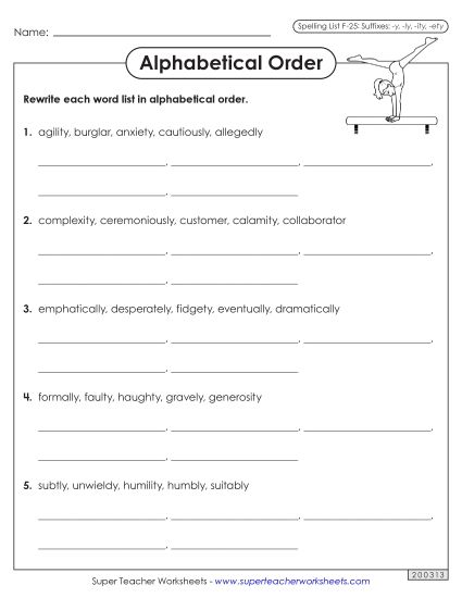 Alphabetical Order - Alphabetical Order Worksheet (F-25) (Printable PDF Worksheet)