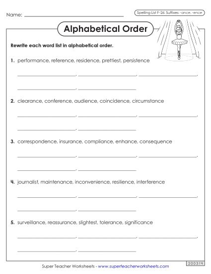 Alphabetical Order - Alphabetical Order Worksheet (F-26)  (Printable PDF Worksheet)