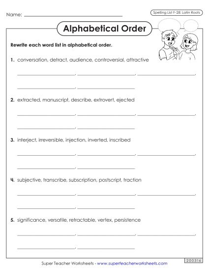 Alphabetical Order - Alphabetical Order Worksheet (F-28) (Printable PDF Worksheet)