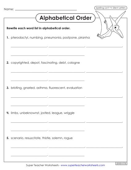 Alphabetical Order - Alphabetical Order Worksheet (F-4) (Printable PDF Worksheet)