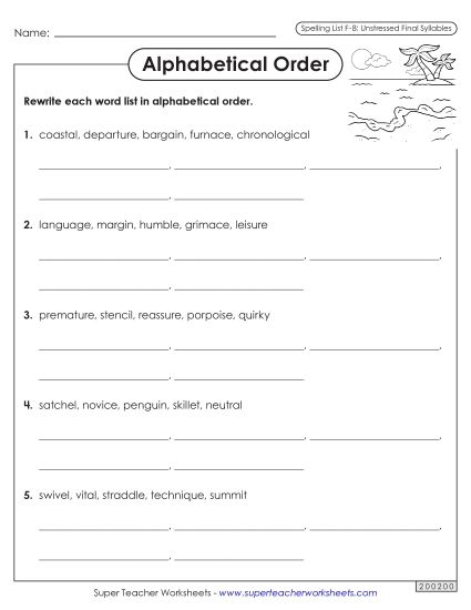 Alphabetical Order - Alphabetical Order Worksheet (F-8) (Printable PDF Worksheet)