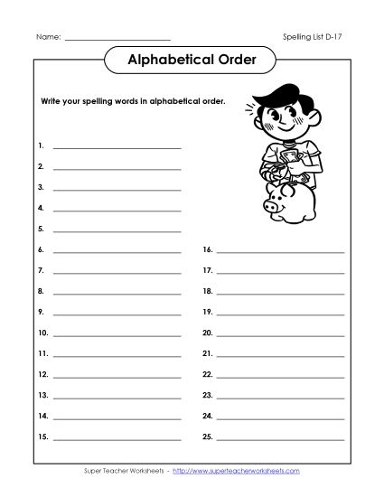 Alphabetical Order - Alphabetical Order: Write List (D-17) (Printable PDF Worksheet)