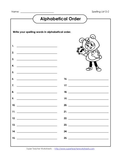 Alphabetical Order - Alphabetical Order: Write List (D-2) (Printable PDF Worksheet)