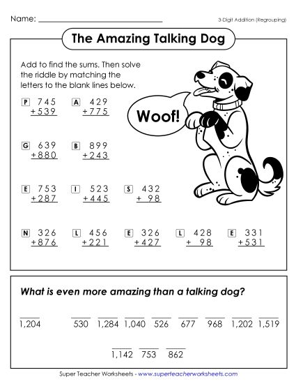 Addition - Amazing Talking Dog (3-Digit Addition with Regrouping) (Printable PDF Worksheet)