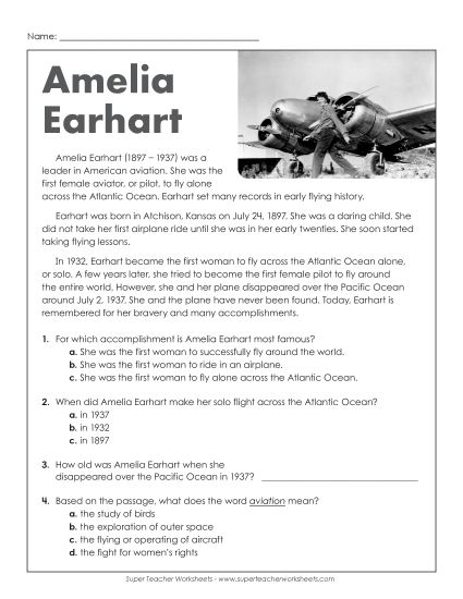 Reading Comprehension - Amelia Earhart (Short Passage) (Printable PDF Worksheet)