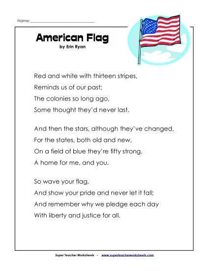Holiday Poems - American Flag (Memorial Day) (Printable PDF Worksheet)