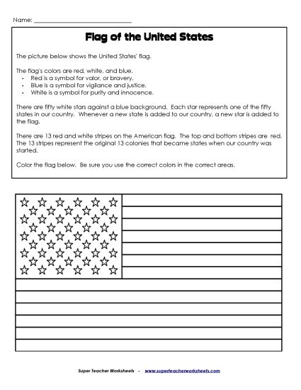 Reading - American Flag (Read & Color) (Printable PDF Worksheet)