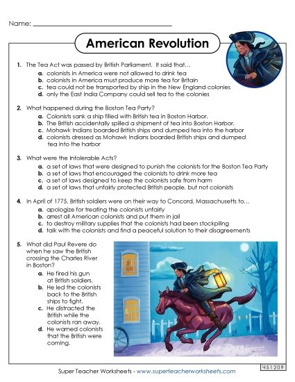 Worksheets and Activities - American Revolution Questions (Printable PDF Worksheet)