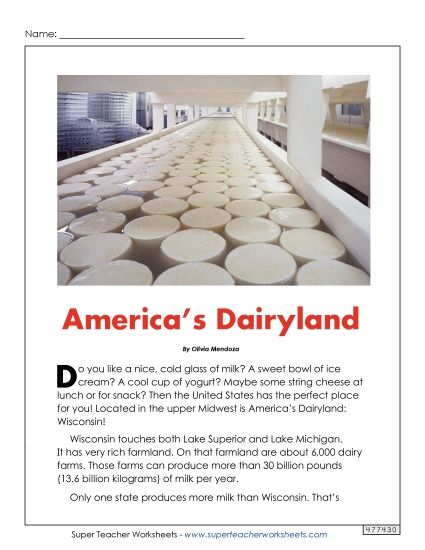 Nonfiction Articles - America's Dairyland (Printable PDF Worksheet)