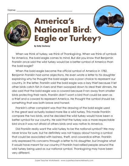 Thanksgiving Reading Comprehension - America’s National Bird: Eagle or Turkey? (Non-Fiction) (Printable PDF Worksheet)