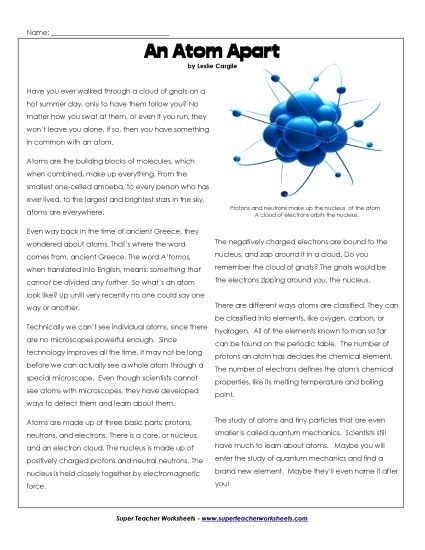 Nonfiction Science Articles - An Atom Apart (Printable PDF Worksheet)