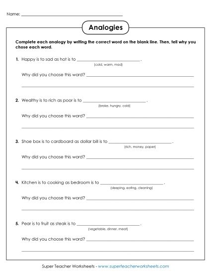 Analogies Worksheet (Printable PDF Worksheet)