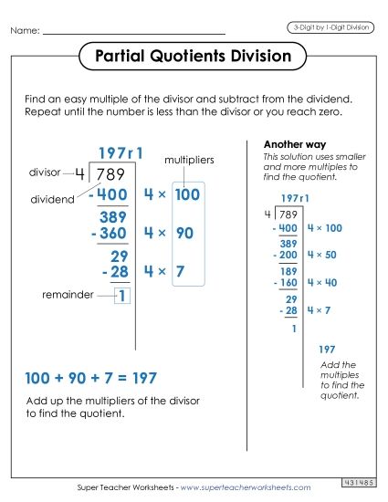 3-Digit Dividends - Anchor Chart for Partial Quotients (3-Digit by 1-Digit Numbers) (Printable PDF Worksheet)