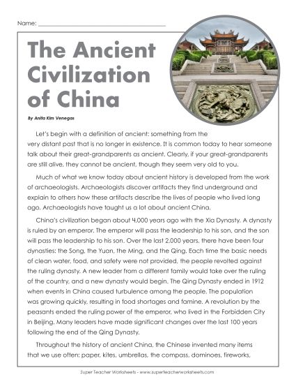 Reading Comprehension - Ancient China Article with Questions (Printable PDF Worksheet)