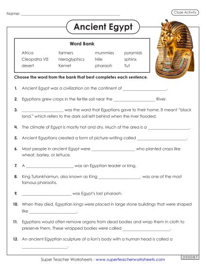 Worksheets - Ancient Egypt Cloze Activity (Printable PDF Worksheet)