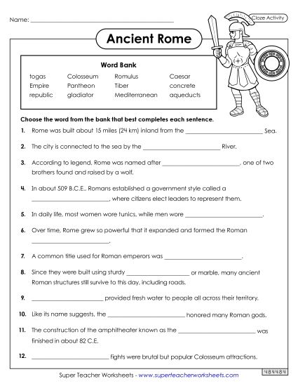 Worksheets - Ancient Rome Cloze Activity (Printable PDF Worksheet)
