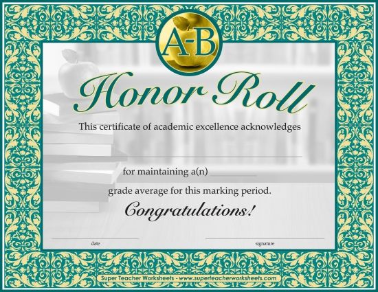 Honor and Merit Rolls - "A-B" Honor Roll (Printable PDF Worksheet)
