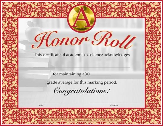 Honor and Merit Rolls - "A" Honor Roll (Printable PDF Worksheet)